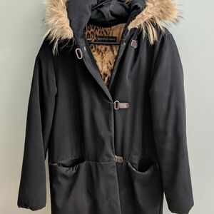 Women's Med Dana Buchman Black Animal Print Coat with Faux Fur Hood